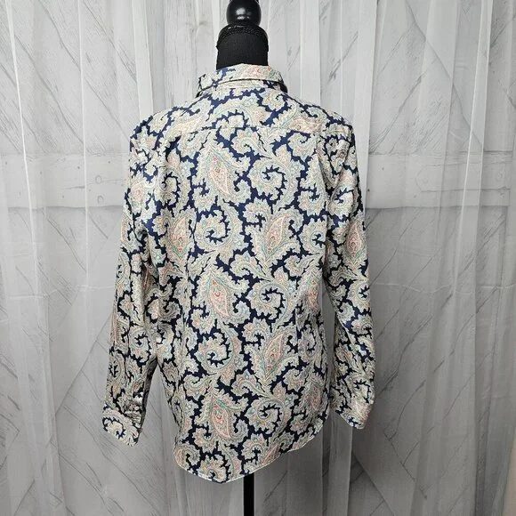 Chaps Navy Blue Pink Paisley Button-Down Long Sleeve Boho Blouse Size PXL - Picture 6 of 12